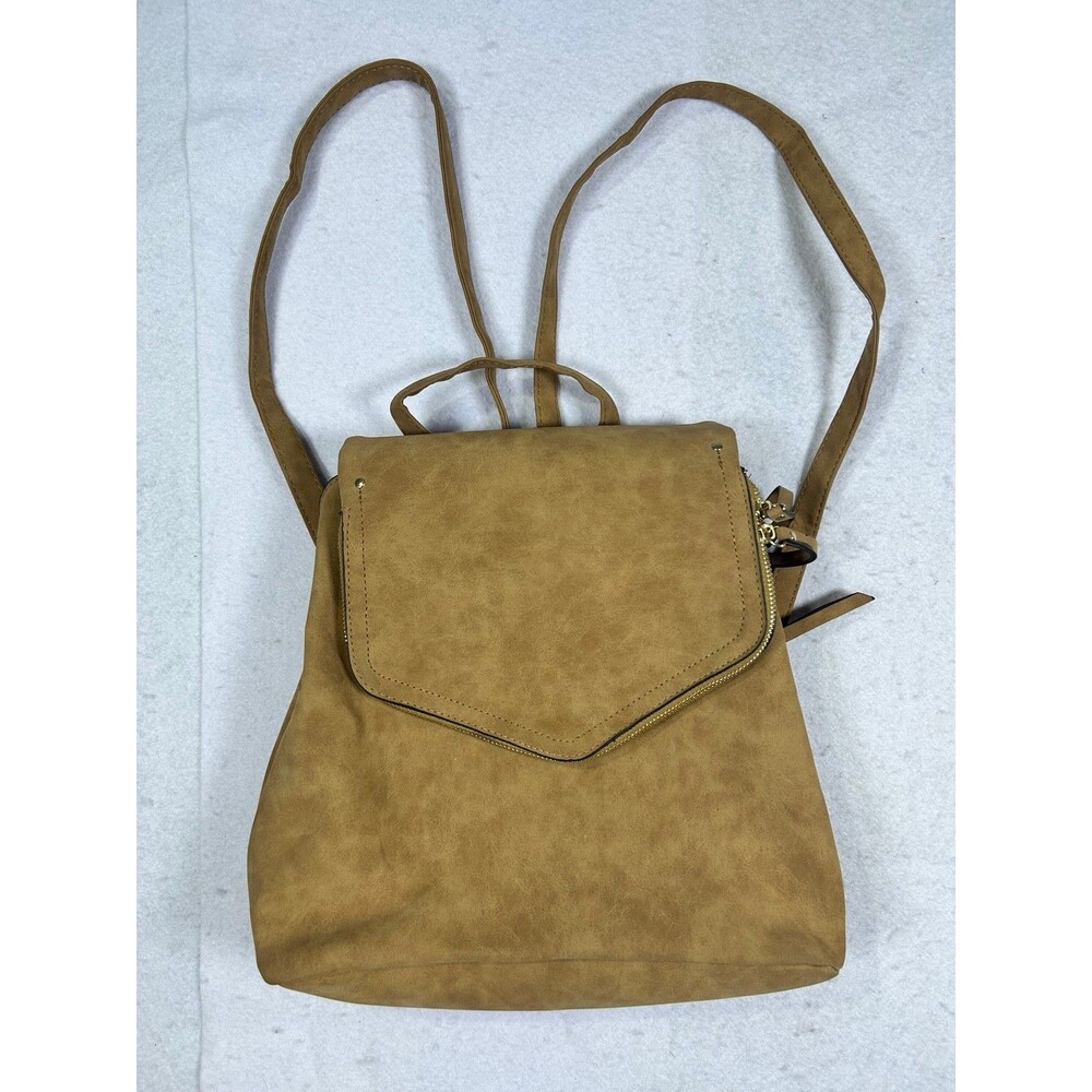 Womens Tan Convertible Backpack Purse Shoulder Bag Gold Tone Zip Faux Leather